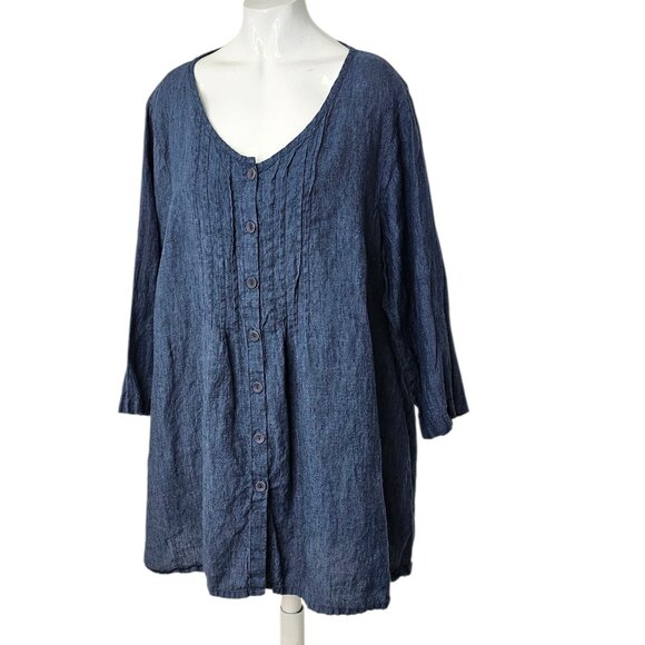 FLAX Womens Button Front 100% Linen Blouse, Tunic, Scoop Neck, Lagenlook, M - Picture 2 of 8